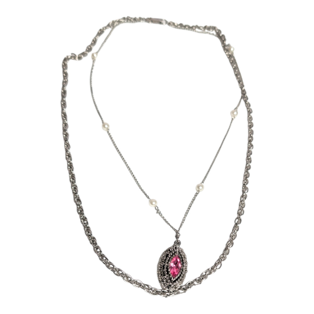 Vintage Style Layered Necklace Pink Rhinestone Marquise Pendant‎ Pearl Accents - Picture 2 of 9